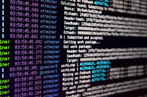 Macro snapshot of the program interface for crypto currency mining on the mon 库存照片