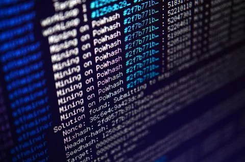 Macro snapshot of the program interface for crypto currency mining on the mon 库存照片