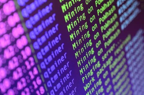 Macro snapshot of the program interface for crypto currency mining on the mon Stock Photos