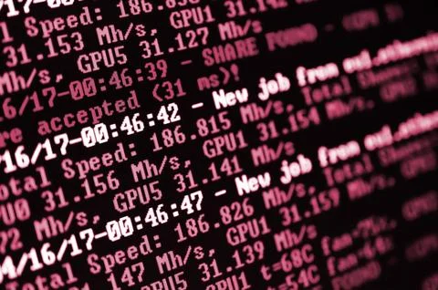 Macro snapshot of the program interface for crypto currency mining on the m.. Stock-Fotos