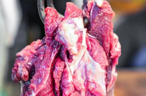 Macro Soft Focus of Raw Red Beef Meat Texture Hanging at Market, Organic Bu.. Stock Photos