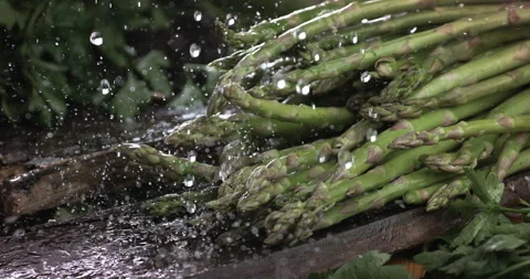 Macro of splashing water drops fall on fresh asparagus and parsley composition Stock Footage 268981880
