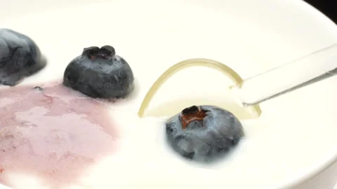 Macro Spoon Scooping Blueberry and White Yogurt from Bowl 4K Stock Footage 320660359