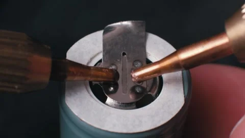 Macro Spot Welding Nickel Tab on Green Battery Terminal Stock Footage 306842113