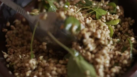 Macro. Sprouted raw green buckwheat with spinach and vegetable oil. Vegan food Vídeo Stock 152043712