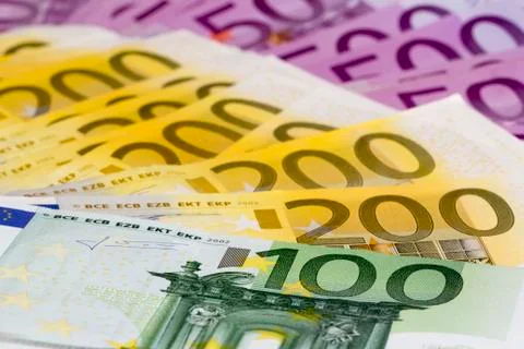 Macro stack of money with 100 200 and 500 euro banknotes Stock Photos