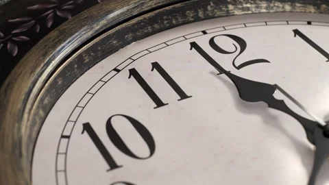 Macro static timelapse shot of vintage analog clock hands spinning rapidly past Stock Footage 336090262