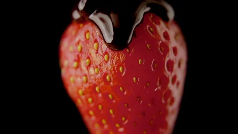 Macro strawberry chocolate drip slow motion liquid cocoa delicious food lust Stock Footage 274304347