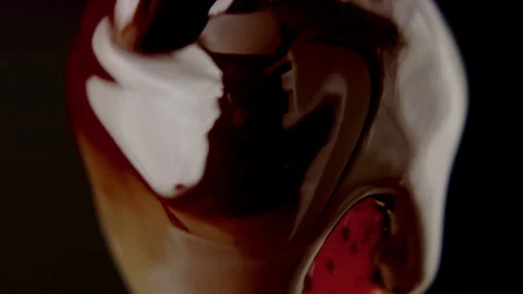 Macro strawberry chocolate drip slow motion liquid cocoa delicious food lust Stock Footage 274304359