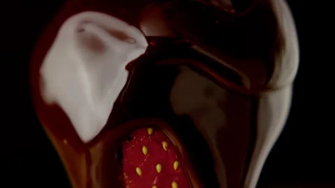Macro strawberry chocolate drip slow motion liquid cocoa delicious food lust Stock Footage 274304514