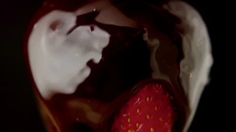 Macro strawberry chocolate drip slow motion liquid cocoa delicious food lust Stock Footage 274304612