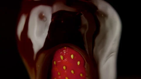 Macro strawberry chocolate drip slow motion liquid cocoa delicious food lust Stock Footage 274304650