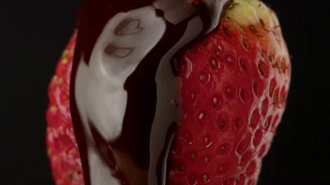 Macro strawberry chocolate drip slow motion liquid cocoa delicious food lust Stock Footage 274304779
