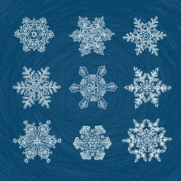 Macro-structure of real snowflakes, transformed and drawn as ornamental usabl 库存插图
