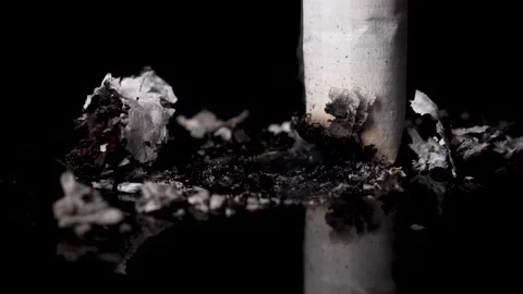 Macro stub out a cigarette on black surface in slow motion, isolated Stock Footage 147075199