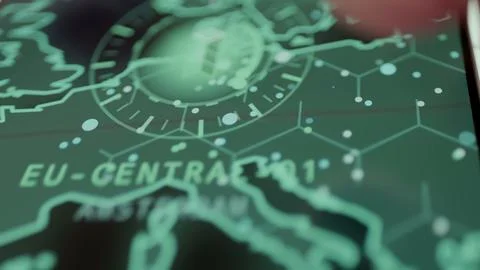 Macro technology animation highlights the exact label EU-CENTRAL-01 Stock Photos