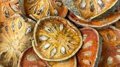 Macro texture of dried bael with seeds close-up Fotos de archivo
