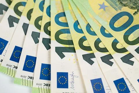 Macro texture on euro banknotes, layered fan, sharp microprint, color gradien Stock Photos