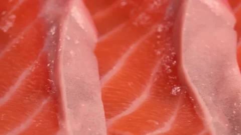 Macro Texture of Fresh Raw Salmon Fillet Slices Stock Footage 333570031