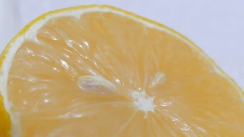 Macro texture of fresh sliced meyer lemon fruit section Stock Footage 338252059