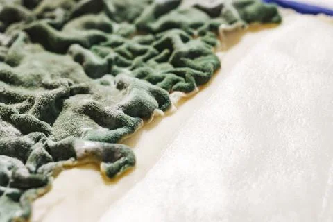 Macro texture of green mold covering spoiled cottage cheese, top view Stock Photos