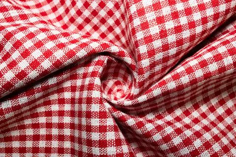 Macro texture of red and white fabric threads background with selective focus Stock Photos