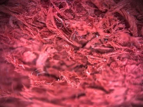 Macro texture of red woven fabric threads background with selective focus and Stock Photos