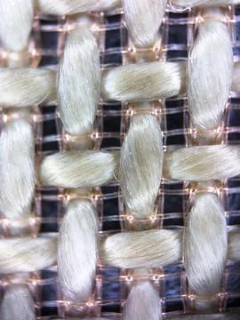 Macro texture of white fabric threads, close up background with selective focus Stock Photos