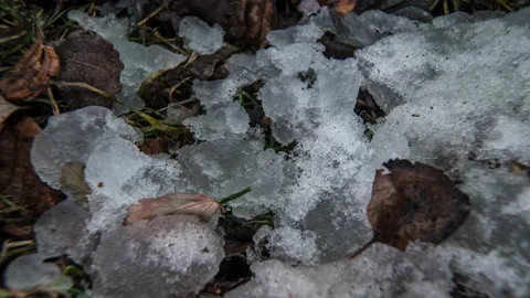 Macro time-lapse shot of shiny melting snow particles turning into liquid water Stock Footage 148318717