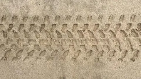 Macro Top View Of Single Bare Footprint On Wet Beach Sand Stock Photos