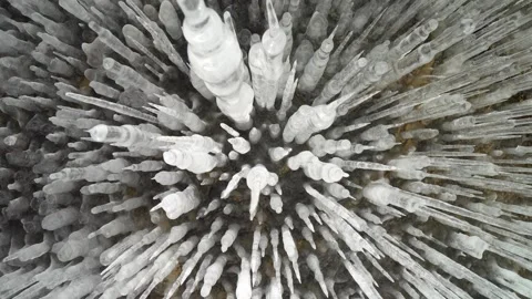 Macro transparent crystal clear sharp icicles hanging from ancient cave winter   Video stock 317963483