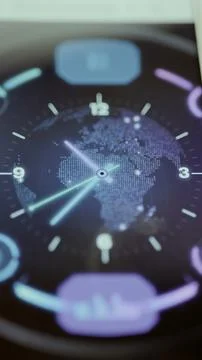 Macro vertical animation shows a luminous world clock over Africa Stock Photos