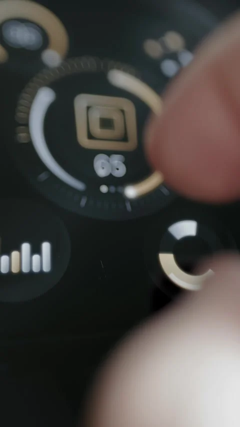 Macro vertical touchscreen view presents a circular graphics processor Stock Footage 342488356