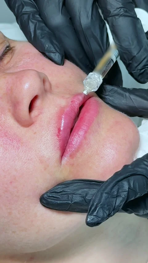 Macro Vertical Upper Lip Gel Injection Beauty Treatment Video stock 317557526