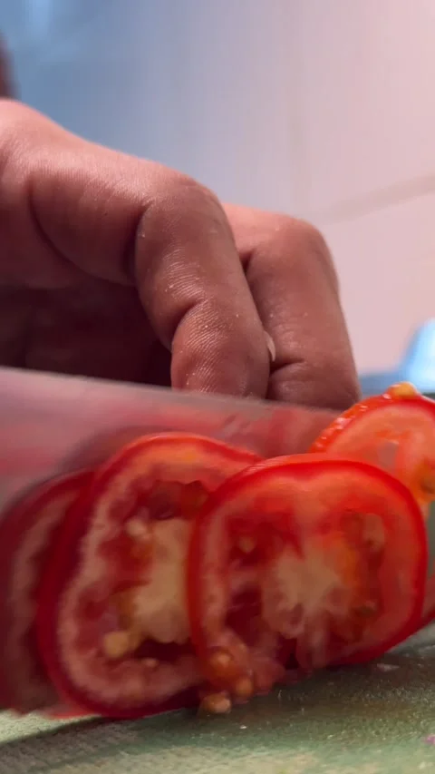 Macro Video of Chef Cutting Fresh Tomato Slices. Stock Footage 337186086