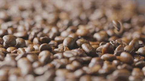 Macro video falling roasted coffee beans closeup. Slow motion, Full HD video Stock Footage 129632977