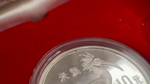 Macro Video of Silver Proof 10 Yuan Coin in Presentation Case Box Stock Footage 335668133