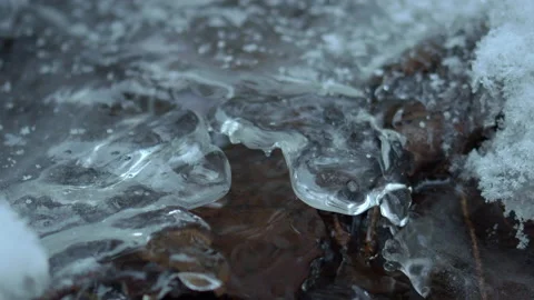 Macro video of tiny creek flowing under a thin ice cover. Stock Footage 159427610
