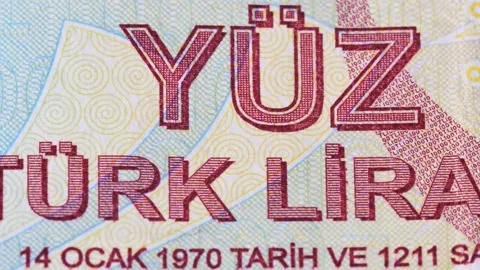 Macro view of a 100 Turkish banknote. Camera pans left to right over money Stock Footage 204745681