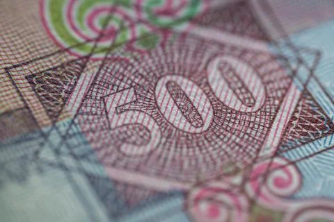 Macro view of 500 dirham united arab emirate bank note or bill. Selective Foc Stock Photos