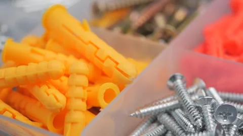 Macro view of assorted hardware components in storage box with shallow dept.. Stock Footage 332546132