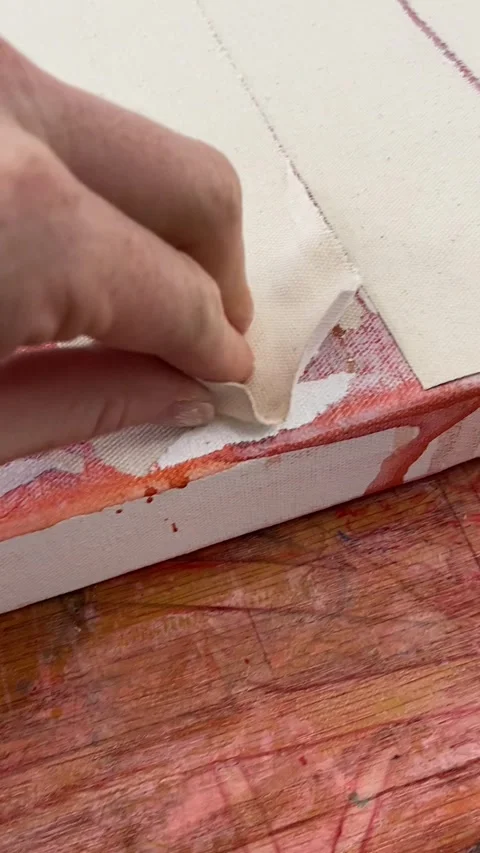 Macro View Canvas layering and ripping in Art Studio Stock-Footage 303807883