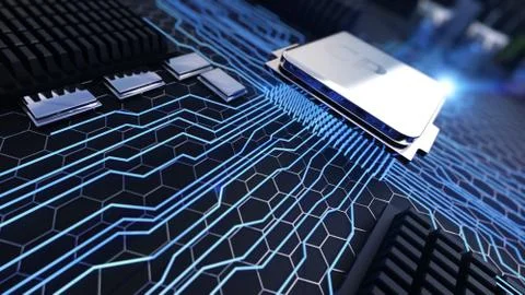 Macro view central processor unit on mainboard with shine lines Illustrazione stock