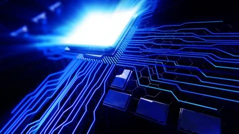 Macro view central processor unit on mainboard with shine lines イラスト素材