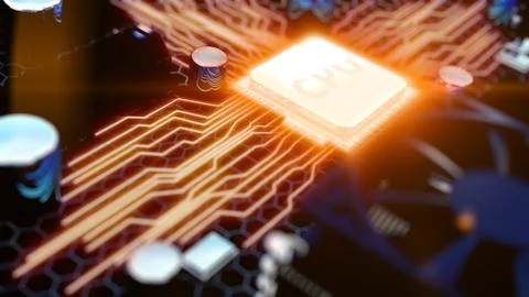 Macro view central processor unit on mainboard with shine lines Stockillustratie