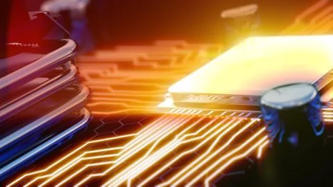 Macro view central processor unit on mainboard with shine lines 스톡 일러스트