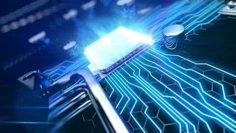 Macro view central processor unit on mainboard with shine lines 스톡 일러스트