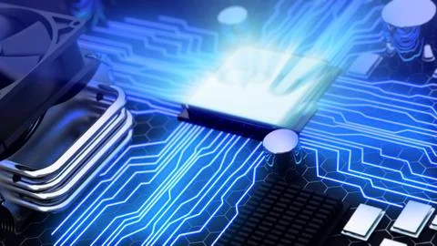 Macro view central processor unit on mainboard with shine lines 스톡 일러스트