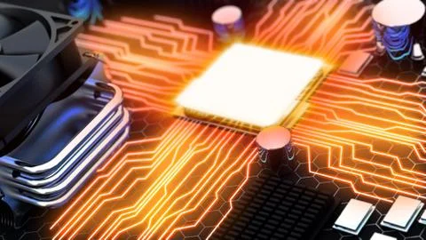 Macro view central processor unit on mainboard with shine lines Stockillustratie