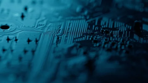 Macro view circuit board in dark room. Closeup structure of electric processor Stock Footage 332671520